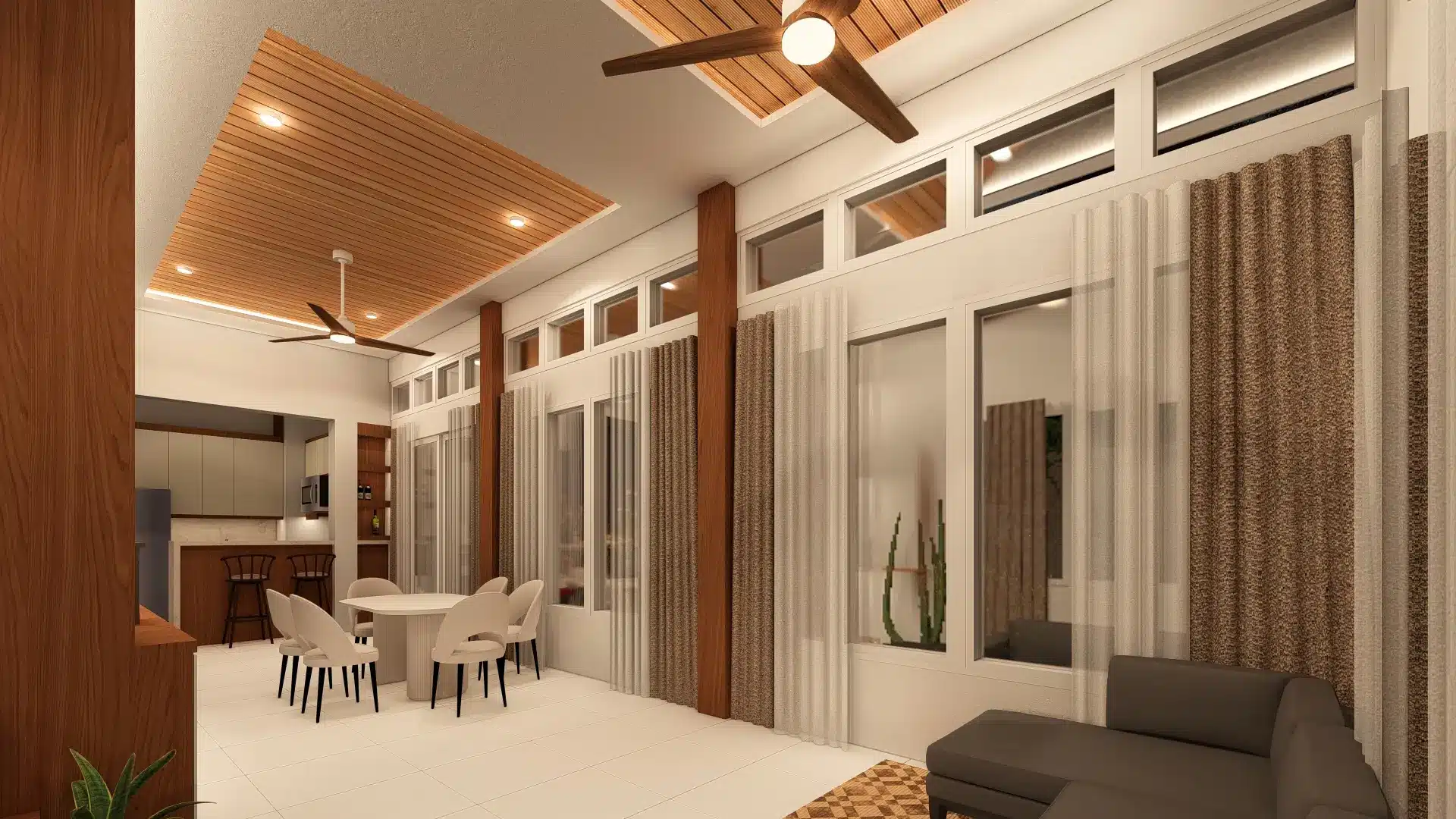 Modern bungalow design 3 Open-plan living and dining interior with wood slat ceiling, clerestory windows, and ceiling fans