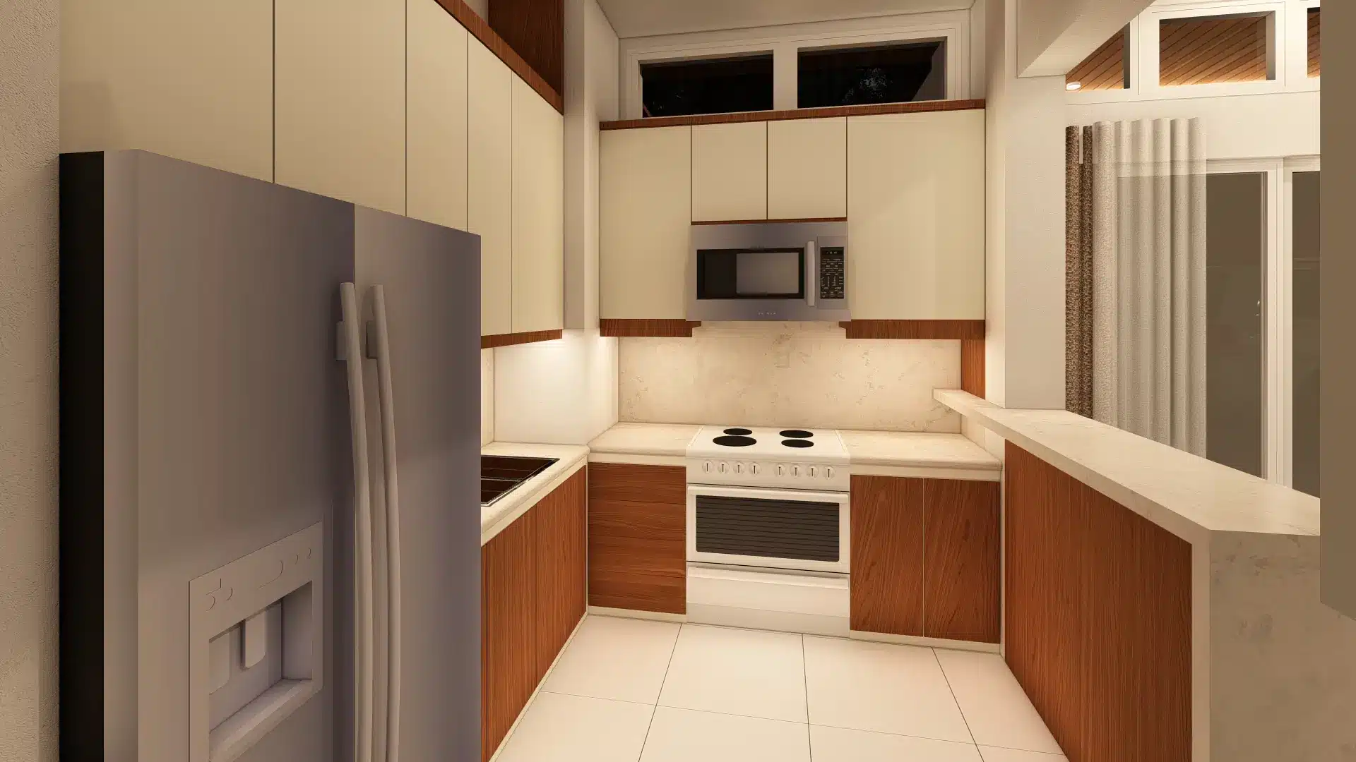 Modern bungalow design 6 Two-tone kitchen cabinets in cream and wood finish with u-shaped layout, range, and under-cabinet lighting