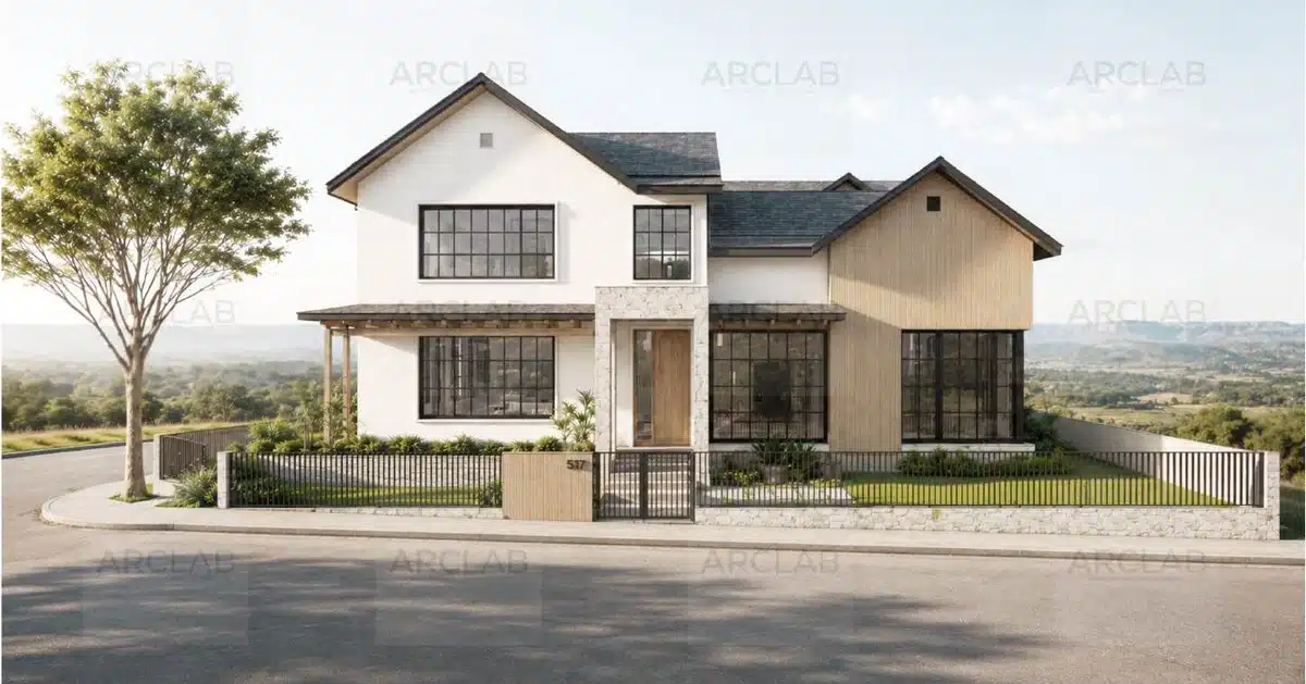 517 courtyard house groundbreaking venue: arclab exterior perspective of a two-storey white and timber-clad residence in baungon, bukidnon