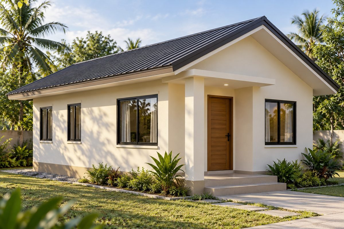 Economy level house in cagayan de oro: single-storey gable-roof home with cream walls, dark roofing and timber-look door