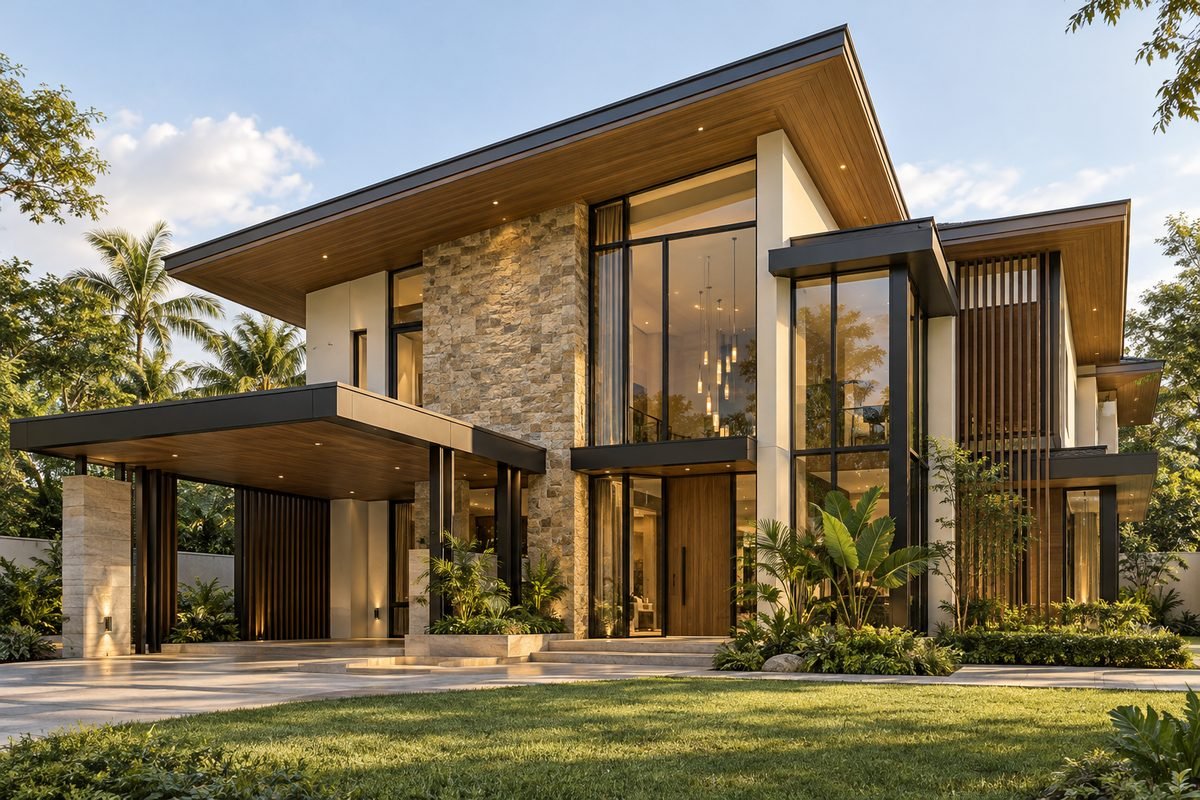 Elegant level house in cagayan de oro: two-storey modern home with stone feature wall, full-height glazing and timber soffit roof