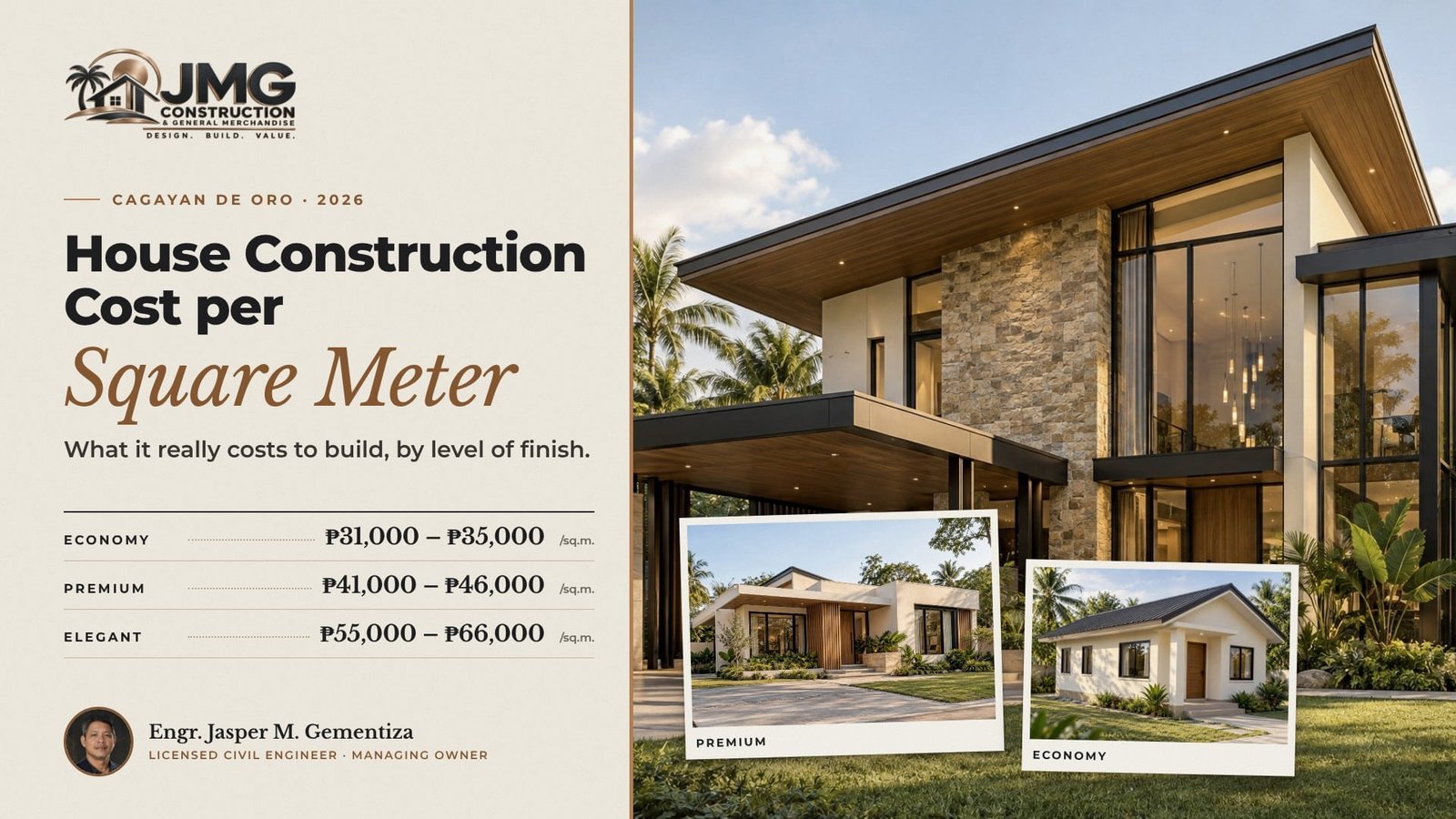 House construction cost per square meter in cagayan de oro: economy, premium and elegant homes