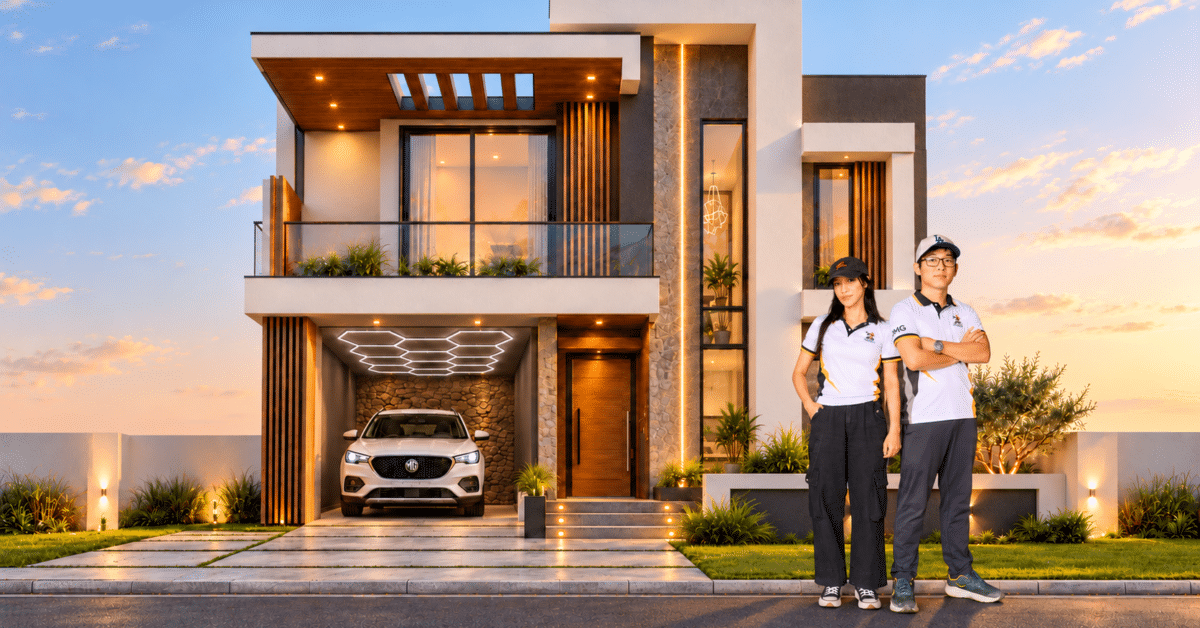 Modern house design with carport, two-storey concept with jmg team