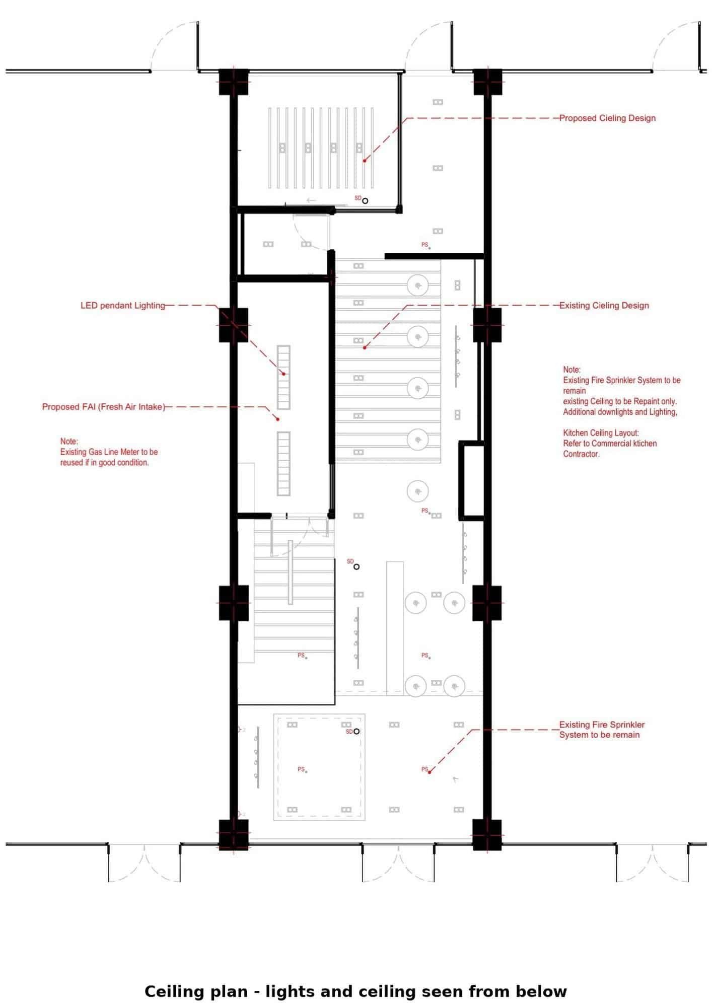 Reflected ceiling plan of the pizza cafe fit-out showing lighting and ceiling layout