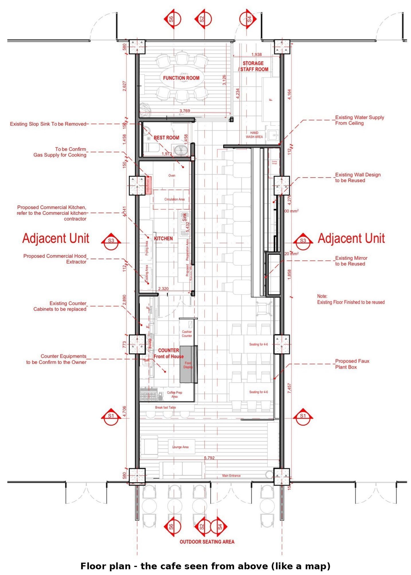 Proposed ground floor plan of the pizza cafe fit-out showing function room, kitchen, counter, dining and outdoor seating
