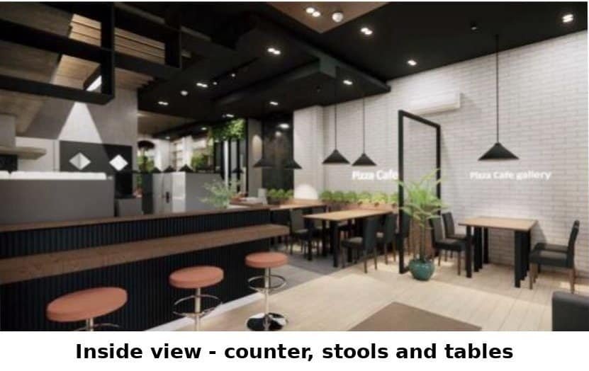 Interior render of pizza cafe with a fluted black counter, terracotta stools, white brick wall and pendant lights
