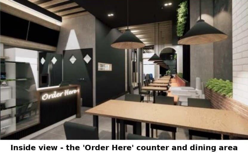 Interior render of the order here counter and long dining area of the pizza cafe fit-out