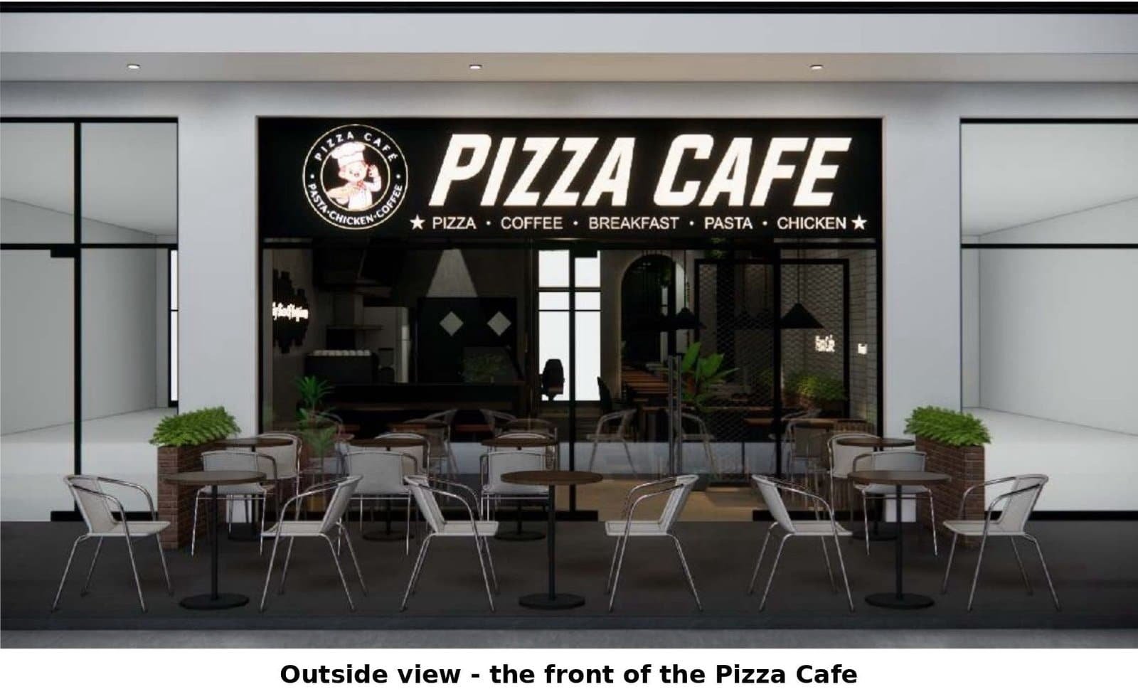 Cafe fit-out cagayan de oro: pizza cafe storefront render with black signage, glass frontage and outdoor seating