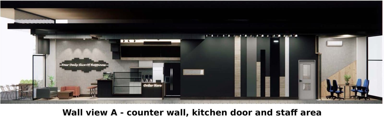 Internal elevation a of the pizza cafe showing the lounge, order counter, kitchen wall and staff area
