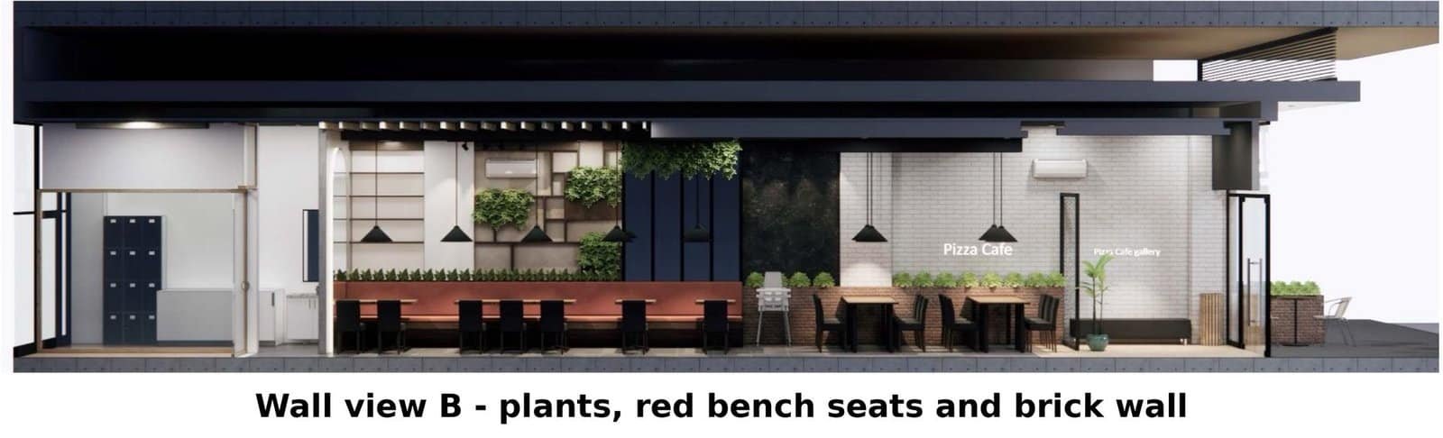 Internal elevation b of the pizza cafe showing planter wall, terracotta bench seating and white brick wall