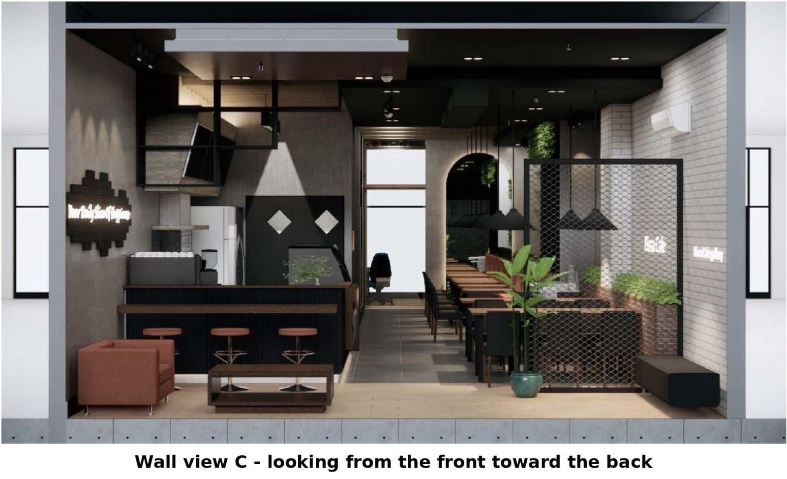 Internal elevation c of the pizza cafe looking from the front counter toward the back of the cafe