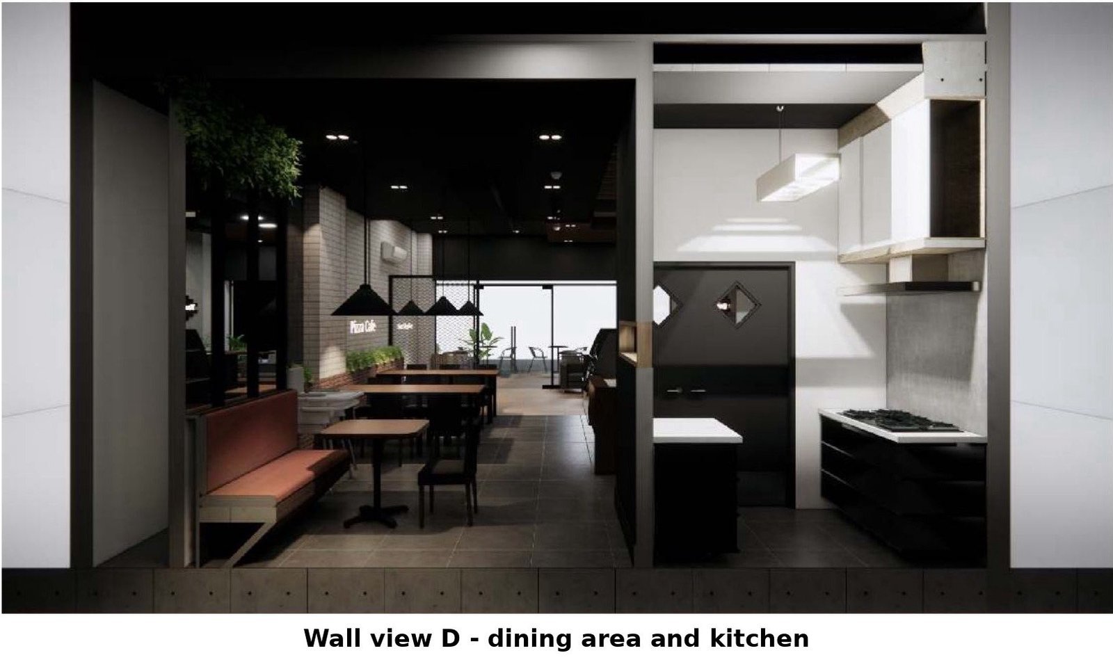 Internal elevation d of the pizza cafe showing the dining area and commercial kitchen
