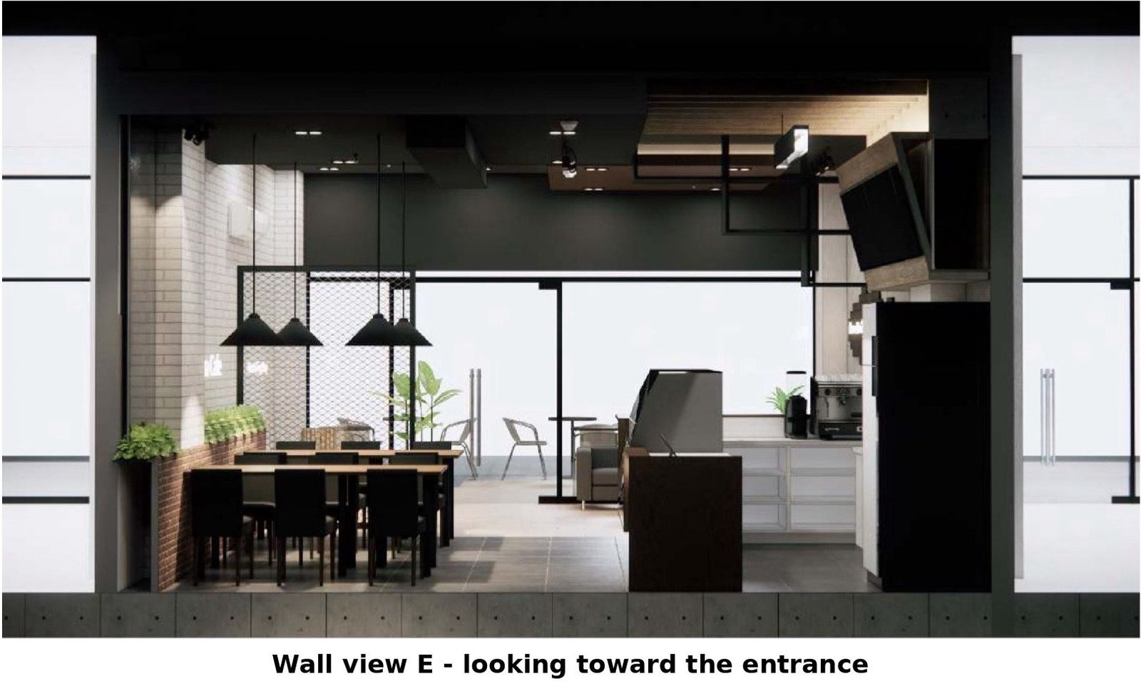 Internal elevation e of the pizza cafe looking toward the entrance and outdoor seating