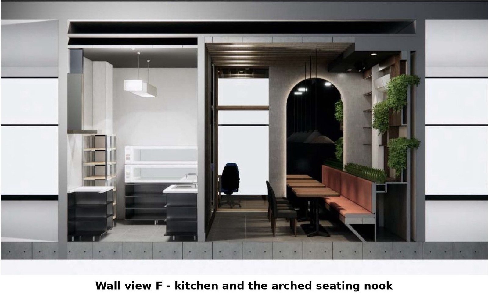 Internal elevation f of the pizza cafe showing the kitchen and arched seating nook with planters