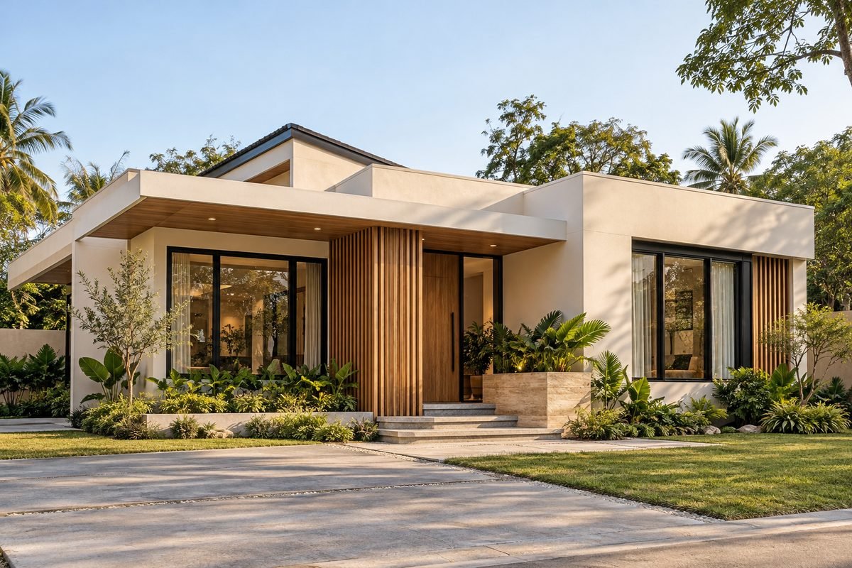Premium house construction cost per square meter: modern single-storey home with timber slat feature wall and large black-framed windows